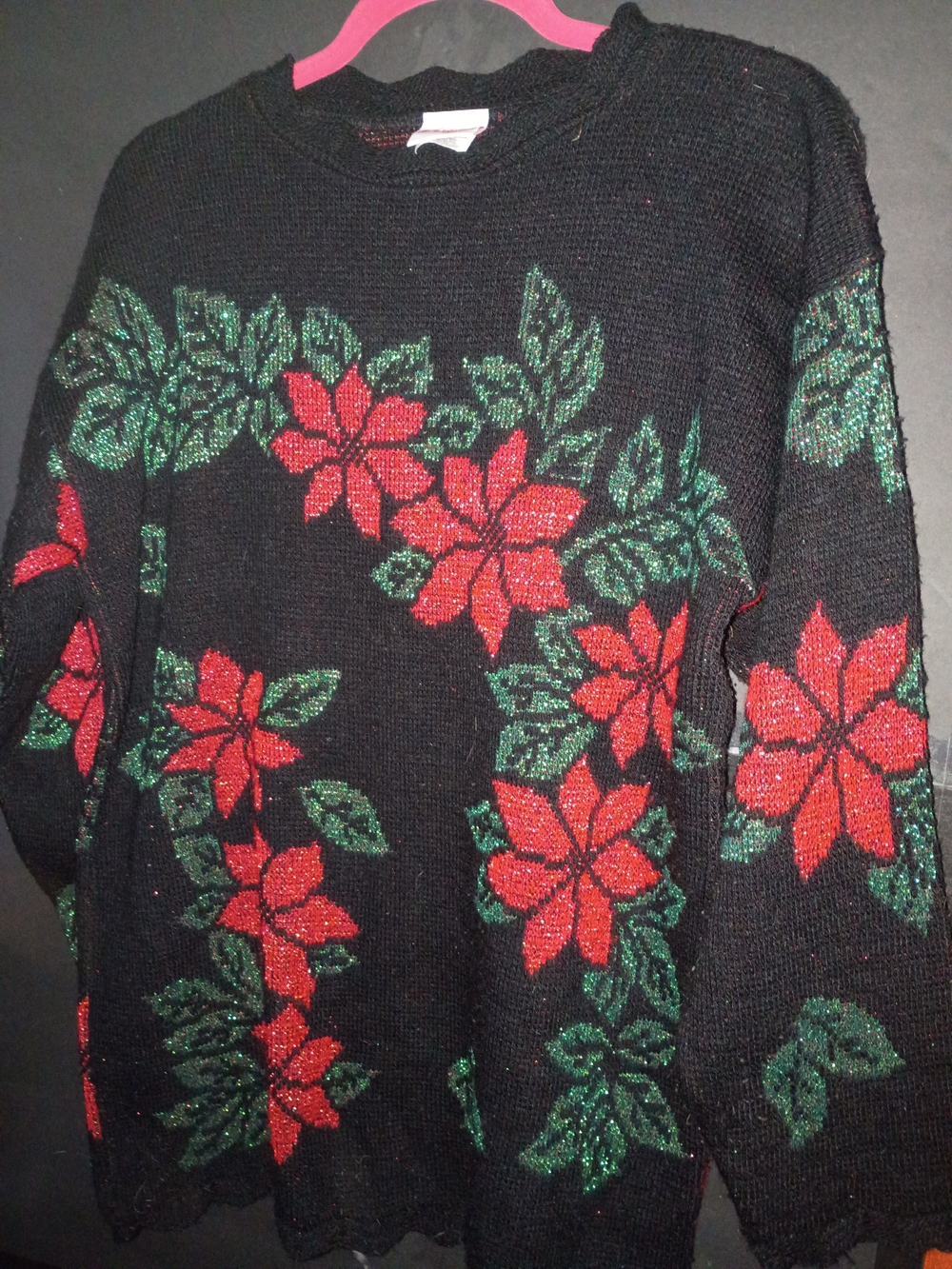 Holiday Time Black Sweater with Red Poinsettias and Green Leaves